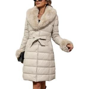 imageBellivera Womens Winter Puffer Jacket ColdResistant Patchwork Plush Lining Coat with Removable Fur Collar Hooded and BeltedBeigegrey13