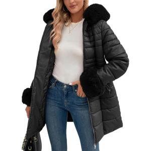 imageBellivera Womens Winter Puffer Jacket ColdResistant Patchwork Plush Lining Coat with Removable Fur Collar Hooded and BeltedBlack Faux Fur Hooded