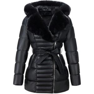 imageBellivera Womens Winter Puffer Jacket ColdResistant Patchwork Plush Lining Coat with Removable Fur Collar Hooded and BeltedBlack With Hood