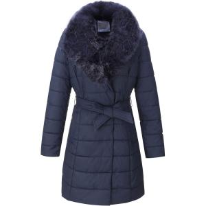 imageBellivera Womens Winter Puffer Jacket ColdResistant Patchwork Plush Lining Coat with Removable Fur Collar Hooded and BeltedBlue
