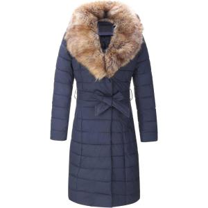 imageBellivera Womens Winter Puffer Jacket ColdResistant Patchwork Plush Lining Coat with Removable Fur Collar Hooded and BeltedBlue Yellow