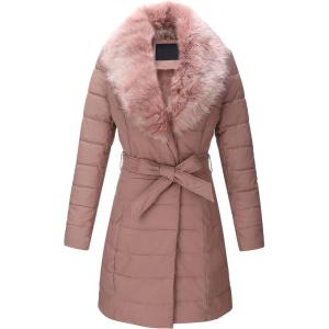 imageBellivera Womens Winter Puffer Jacket ColdResistant Patchwork Plush Lining Coat with Removable Fur Collar Hooded and BeltedBrownpink