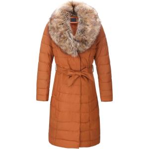 imageBellivera Womens Winter Puffer Jacket ColdResistant Patchwork Plush Lining Coat with Removable Fur Collar Hooded and BeltedCamel Yellow
