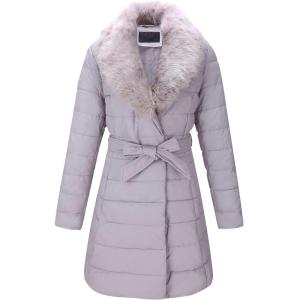 imageBellivera Womens Winter Puffer Jacket ColdResistant Patchwork Plush Lining Coat with Removable Fur Collar Hooded and BeltedGray