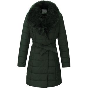 imageBellivera Womens Winter Puffer Jacket ColdResistant Patchwork Plush Lining Coat with Removable Fur Collar Hooded and BeltedGreen