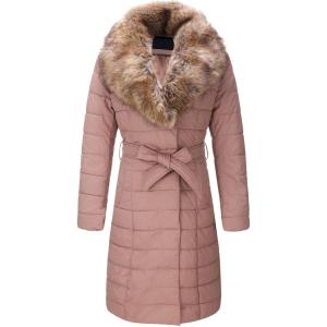 imageBellivera Womens Winter Puffer Jacket ColdResistant Patchwork Plush Lining Coat with Removable Fur Collar Hooded and BeltedPink Yellow