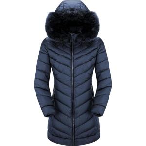 imageBellivera Womens Winter Thickened Quilted Puffer Jacket Zipper Pockets Bubble Coat with Removable Hood and Faux Fur CollarBlue Hood