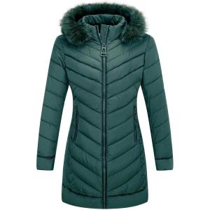 imageBellivera Womens Winter Thickened Quilted Puffer Jacket Zipper Pockets Bubble Coat with Removable Hood and Faux Fur CollarGreen Puffer Plus