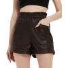 imageBellivera Women Faux Leather High Waist Stretchy Winter Motorcycle ShortsCoffee