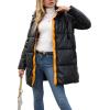 imageBellivera Women Faux Leather Jacket Long Quilted Hood Puffer Winter CoatBlackorange