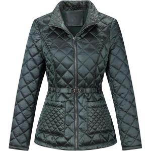 imageBellivera Women Lightweight Coat Short Quilted Puffer Long Sleeve Belted Jacket PocketsGreen With Belt