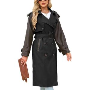 imageBellivera Women Trench Coat Long Loose Jacket Faux PU Leather Oversize Classic Lapel Overcoat with BeltBlack Windproof