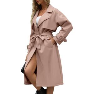 imageBellivera Women Trench Coat Long Loose Jacket Faux PU Leather Oversize Classic Lapel Overcoat with BeltPink