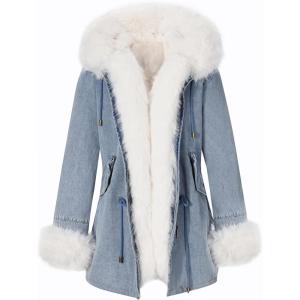 imageBellivera Women Twill Parka Jacket Winter Fashion Warm Long Hood Coat with Faux Fur CollarBeige Sherpa Fleece Jean Jackets