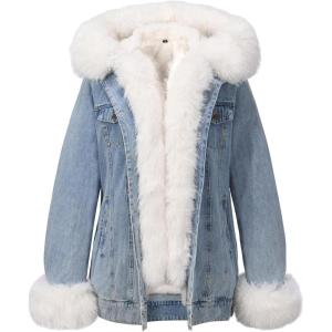 imageBellivera Women Twill Parka Jacket Winter Fashion Warm Long Hood Coat with Faux Fur CollarBlue Faux Fur Jean Outerwear