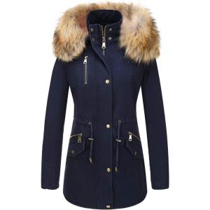 imageBellivera Women Twill Parka Jacket Winter Fashion Warm Long Hood Coat with Faux Fur CollarBlueyellow