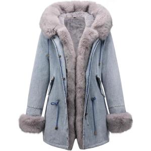imageBellivera Women Twill Parka Jacket Winter Fashion Warm Long Hood Coat with Faux Fur CollarGrey Sherpa Fleece Jean Jackets