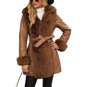 imageBellivera Womens Faux Leather Fleece Lined Coat Winter Hooded Zipup Parka with BeltCamel Fur