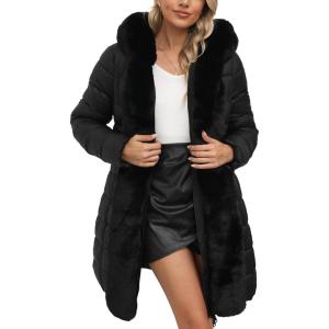 imageBellivera Womens Faux Leather Fleece Lined Coat Winter Hooded Zipup Parka with BeltCoal Black