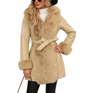 imageBellivera Womens Faux Leather Fleece Lined Coat Winter Hooded Zipup Parka with BeltKhaki Fur