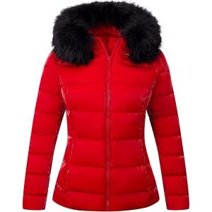 imageBellivera Womens Lightweight Puffer Jacket Winter Coats for Women Warm Quilted Bubble Padded Hood Coat with Faux Fur CollarRed