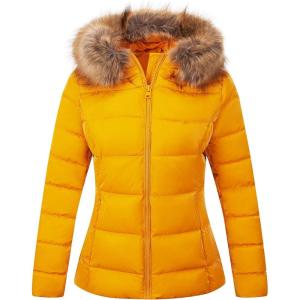 imageBellivera Womens Lightweight Puffer Jacket Winter Coats for Women Warm Quilted Bubble Padded Hood Coat with Faux Fur CollarYellow
