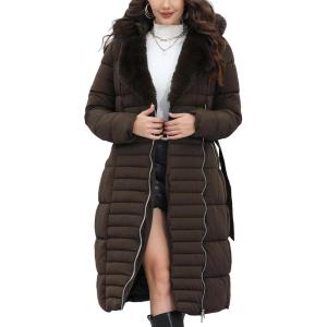 imageBellivera Womens Puffer Jacket Lightweight Quilted Hooded Long Down Alternative Coat with BeltCoffee Fur Hood