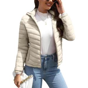 imageBellivera Womens Quilted Lightweight Jacket Puffer Coat Women Bubble for Spring and WinterBeige Hooded Coat