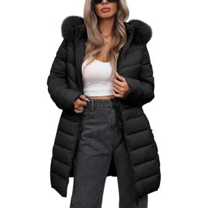 imageBellivera Womens Winter Thickened Quilted Puffer Jacket Zipper Pockets Bubble Coat with Removable Hood and Faux Fur CollarBlack