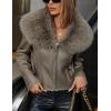 imageBellivera Womens Faux Leather Jacket Moto Biker SherpaLined Coat with Removable Fur CollarKhaki Short Jacket