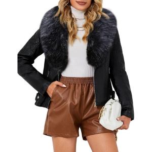 imageBellivera Womens Faux Leather Jacket Moto Biker SherpaLined Coat with Removable Fur CollarBlackblack