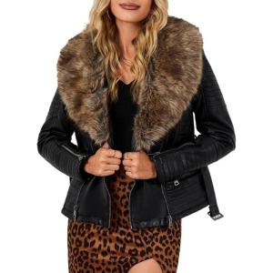 imageBellivera Womens Faux Leather Jacket Moto Biker SherpaLined Coat with Removable Fur CollarBlacknatural With Belt