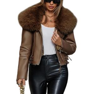imageBellivera Womens Faux Leather Jacket Moto Biker SherpaLined Coat with Removable Fur CollarCamel Short Jacket
