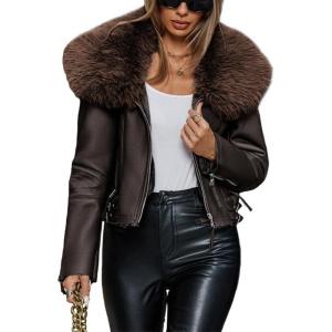 imageBellivera Womens Faux Leather Jacket Moto Biker SherpaLined Coat with Removable Fur CollarCoffee Short Jacket