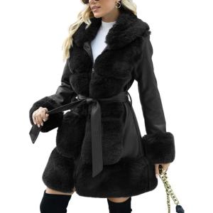 imageBellivera Womens Wool Pea Coat Faux Fur Jacket Winter Warm Parka Overcoat with BeltBlack Leather Mid Length