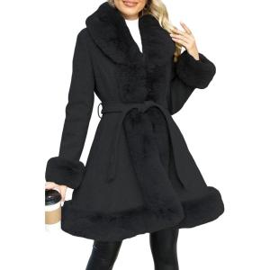 imageBellivera Womens Wool Pea Coat Faux Fur Jacket Winter Warm Parka Overcoat with BeltBlack Wool