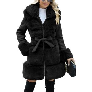imageBellivera Womens Wool Pea Coat Faux Fur Jacket Winter Warm Parka Overcoat with BeltBlack Wool Mid Length