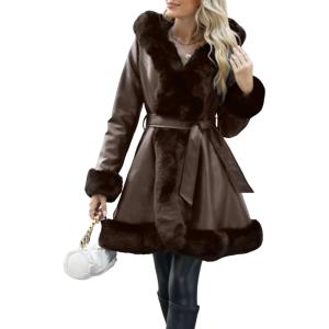 imageBellivera Womens Wool Pea Coat Faux Fur Jacket Winter Warm Parka Overcoat with BeltBrown Leather