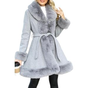 imageBellivera Womens Wool Pea Coat Faux Fur Jacket Winter Warm Parka Overcoat with BeltGrey Wool