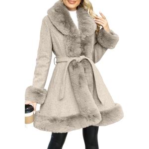 imageBellivera Womens Wool Pea Coat Faux Fur Jacket Winter Warm Parka Overcoat with BeltKhaki Wool