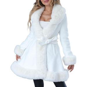 imageBellivera Womens Wool Pea Coat Faux Fur Jacket Winter Warm Parka Overcoat with BeltWhite Wool