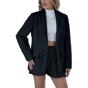 imageBellivera Womans Faux Leather Blazer Open Front Business Casual Jacket MidLength Spring Fashion Coat with PocketsBlue Blazer