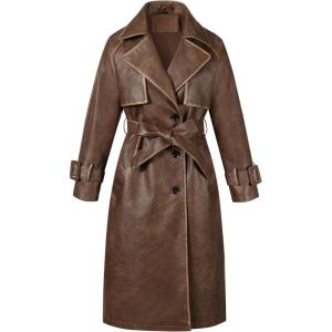 imageBellivera Women Trench Coat Long Loose Jacket Faux PU Leather Oversize Classic Lapel Overcoat with BeltGlossy Brown
