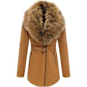 imageBellivera Womens Trench Coat Faux Leather Jackets Winter Long Sleeve Outwear with Detachable Fur Collar
