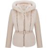 imageBellivera Women Faux Fur Leather Jacket Short Belted Spring Winter Fashion Warm Motorcycle Biker Coat Furry Hooded Outwear 516 Beige XL