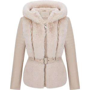 imageBellivera Women Faux Fur Leather Jacket Short Belted Spring Winter Fashion Warm Motorcycle Biker Coat Furry Hooded Outwear 516 Beige XL