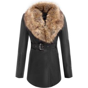 imageBellivera Womens Trench Coat Faux Leather Jackets Long Plus size Outwear with Detachable Fur Collar 912 BlackYellow M