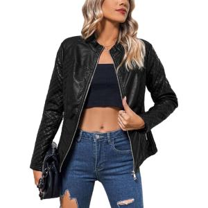 imageBellivera Faux Leather Jacket Women Motorcycle Zipper Bomber PU Bike Coat with PocketsBlack Casual Jacket