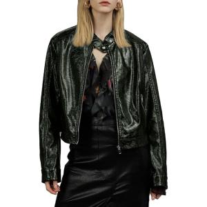 imageBellivera Faux Leather Jacket Women Motorcycle Zipper Bomber PU Bike Coat with PocketsGreen Faux Leather Jacket