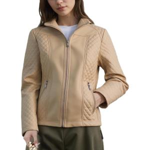 imageBellivera Faux Leather Jacket Women Motorcycle Zipper Bomber PU Bike Coat with PocketsKhaki Casual Jacket
